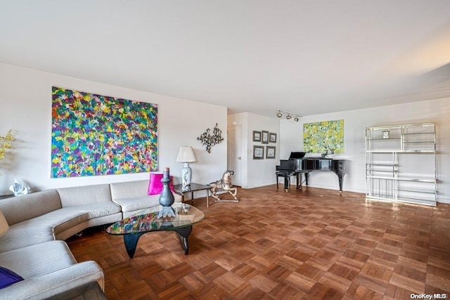 living room with parquet flooring