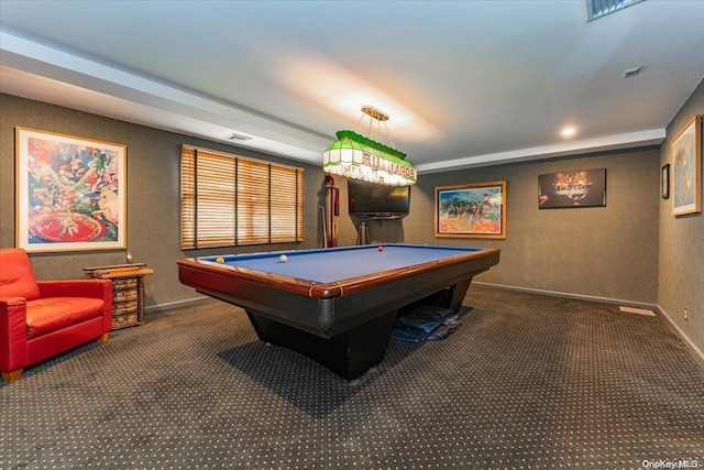 playroom with dark carpet and pool table