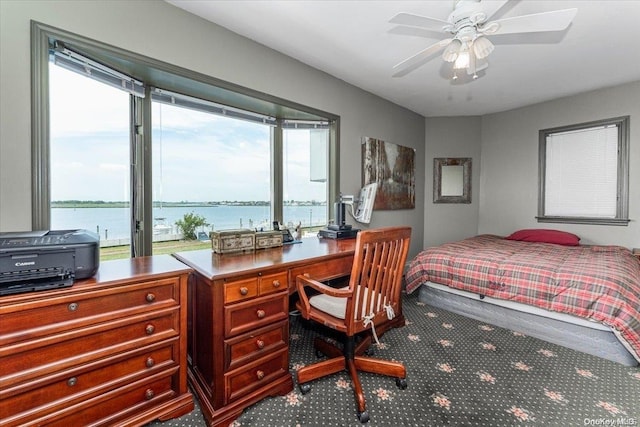 bedroom featuring carpet, ceiling fan, and a water view