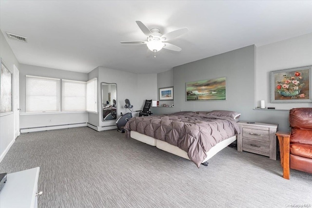 bedroom with carpet, a baseboard radiator, and ceiling fan