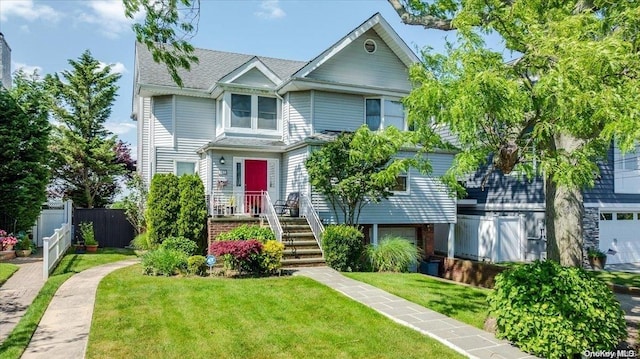 view of front facade featuring a front lawn and a garage