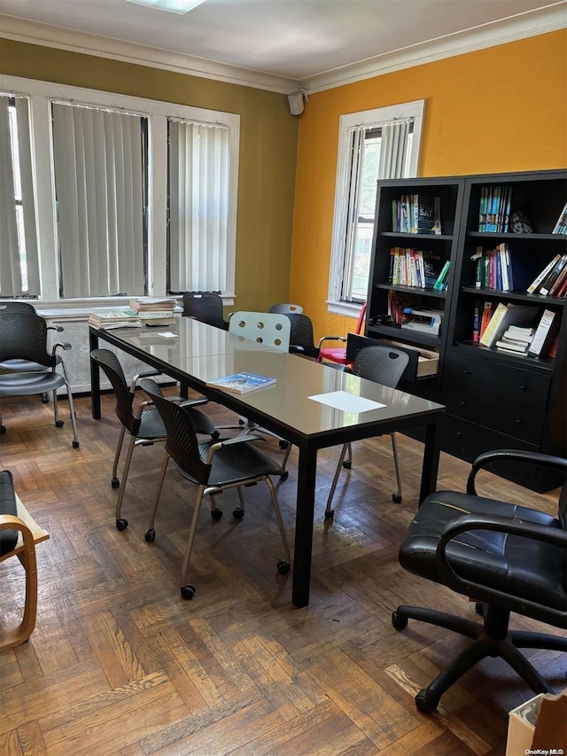 office with ornamental molding and parquet flooring