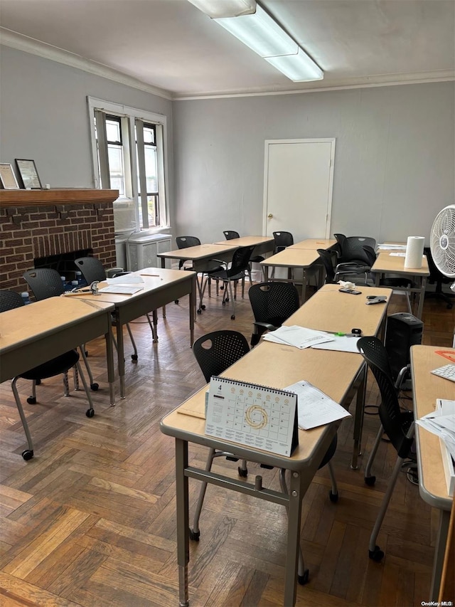 office featuring parquet flooring, a brick fireplace, and ornamental molding