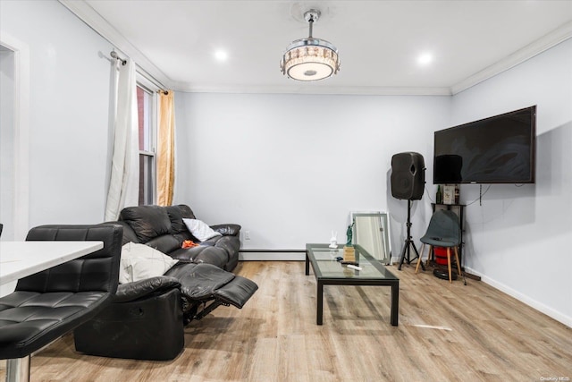 living room featuring crown molding, light hardwood / wood-style floors, and a baseboard heating unit