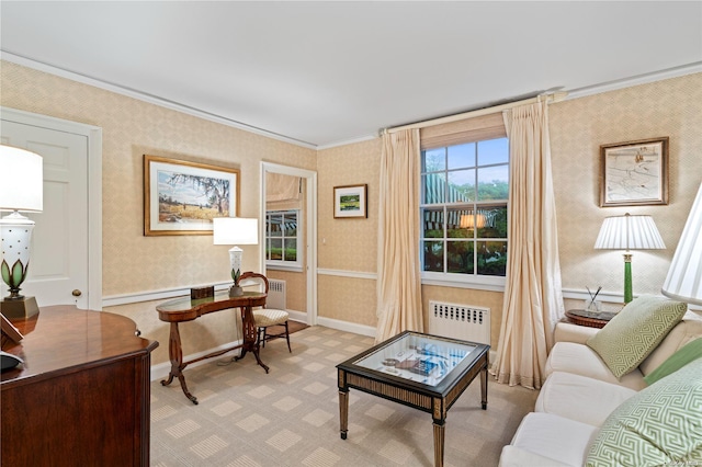 interior space with radiator and crown molding