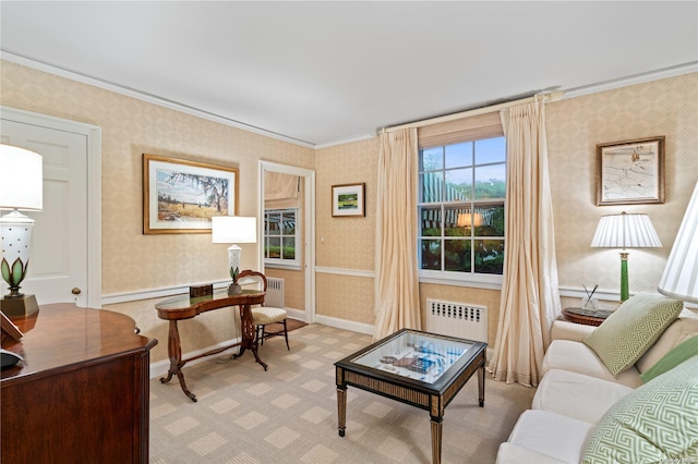 200 Cleft Rd, Mill Neck, NY 11765 - living room featuring wallpapered walls, radiator heating unit, ornamental molding, light carpet, and baseboards