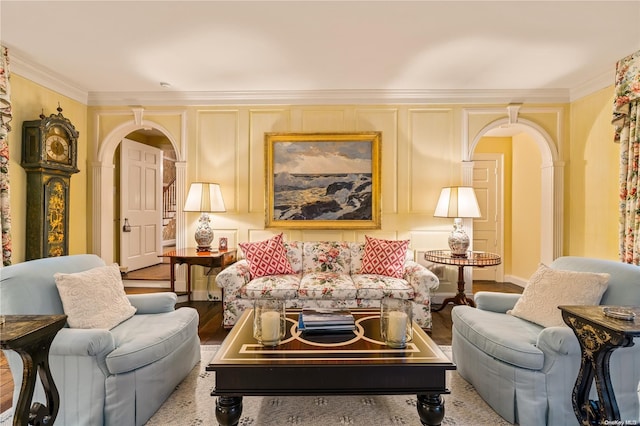 200 Cleft Rd, Mill Neck, NY 11765 - living room with arched walkways, ornamental molding, and wood finished floors