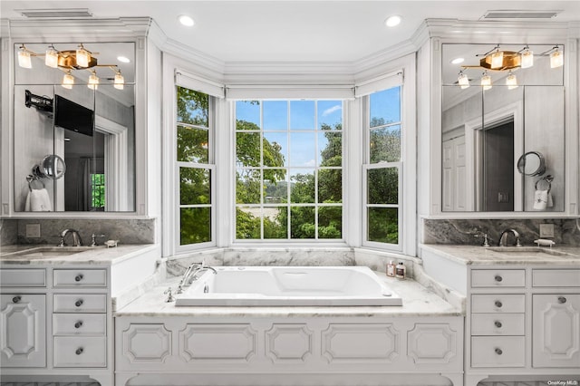 bathroom featuring vanity, a tub to relax in, and a healthy amount of sunlight