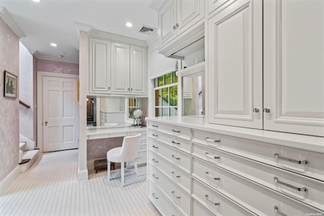 walk in closet with light colored carpet