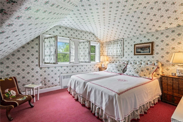 bedroom with carpet flooring, radiator, and lofted ceiling