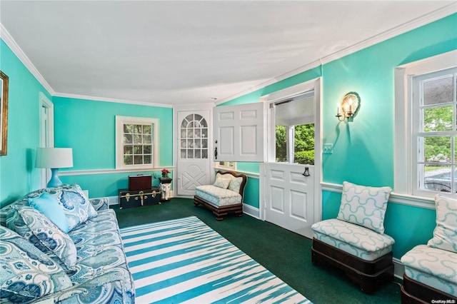 sitting room with dark carpet and ornamental molding