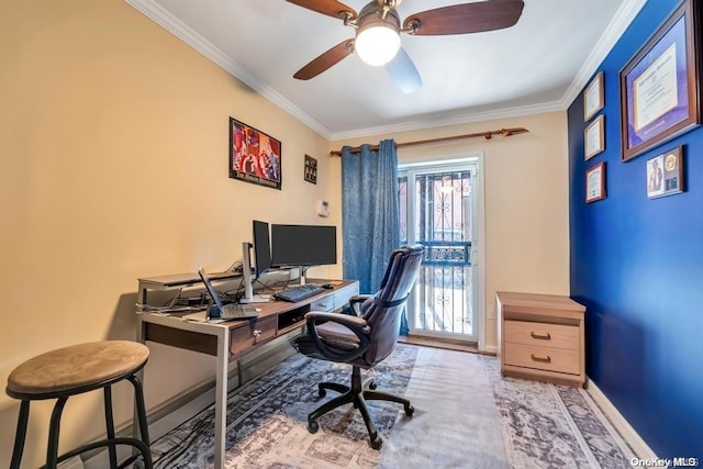 home office with ceiling fan and ornamental molding