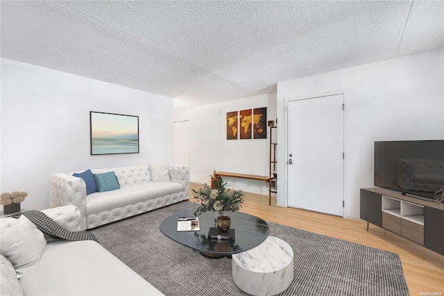 living room featuring a textured ceiling and hardwood / wood-style flooring