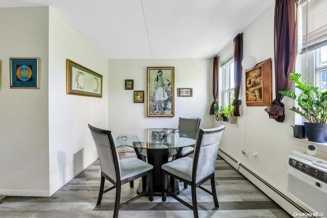 dining room with dark hardwood / wood-style flooring, baseboard heating, and a wealth of natural light