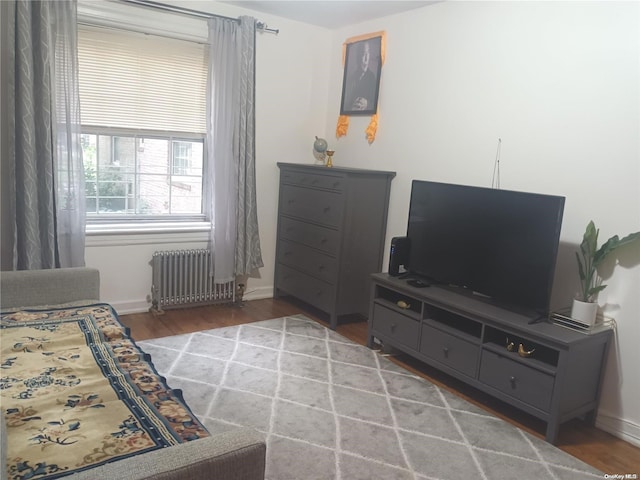 living room featuring hardwood / wood-style floors and radiator