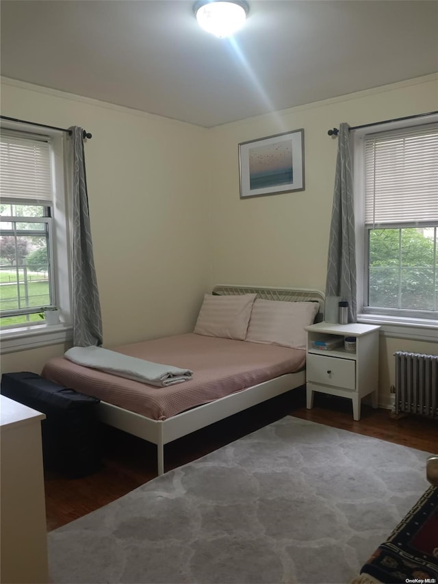 bedroom featuring radiator heating unit, dark hardwood / wood-style flooring, and multiple windows