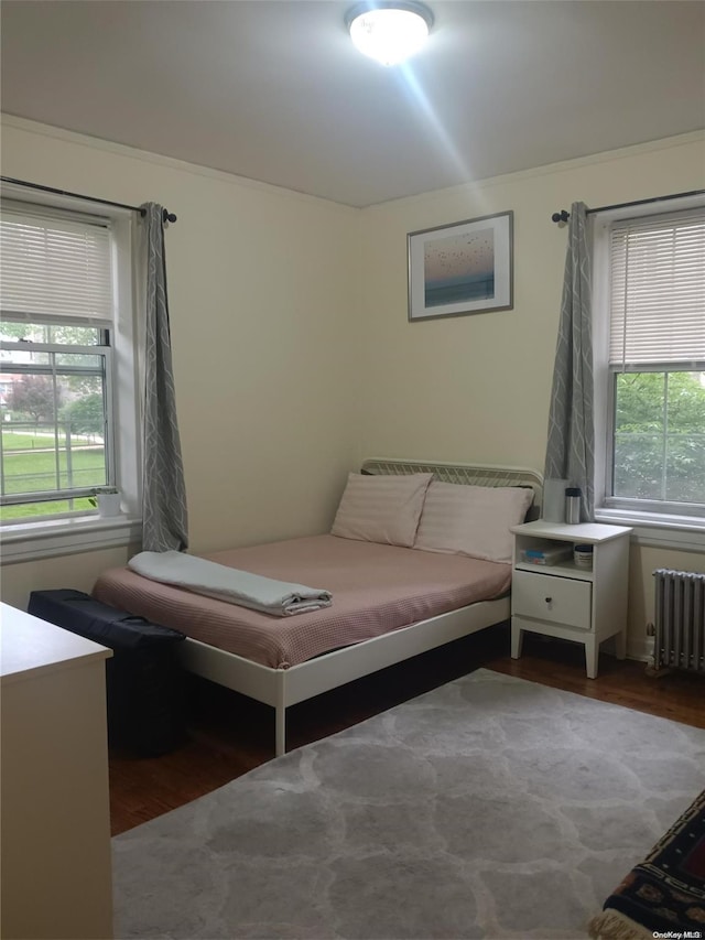 bedroom featuring radiator and wood-type flooring