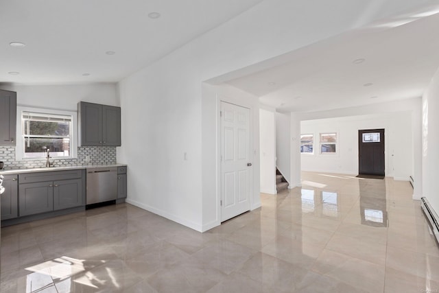 kitchen with gray cabinetry, dishwasher, sink, and backsplash