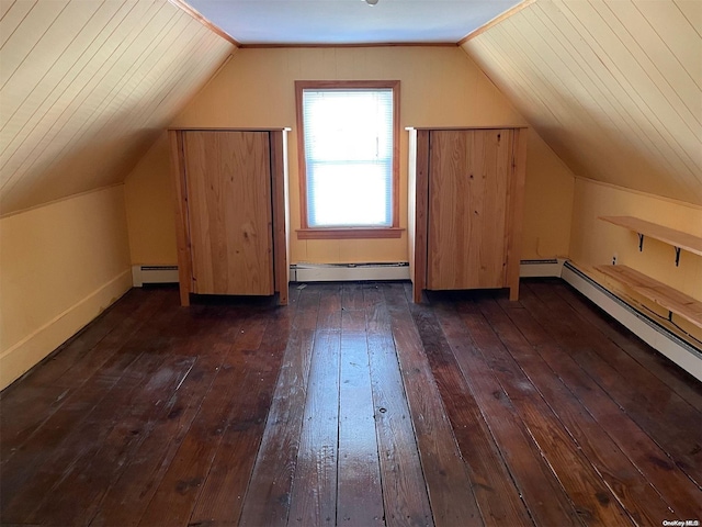 bonus room with dark hardwood / wood-style flooring, vaulted ceiling, and a baseboard heating unit