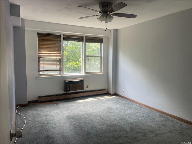 carpeted empty room featuring ceiling fan, baseboard heating, and a wall mounted air conditioner