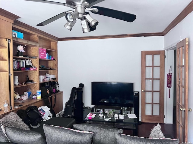 living room featuring crown molding, french doors, and ceiling fan