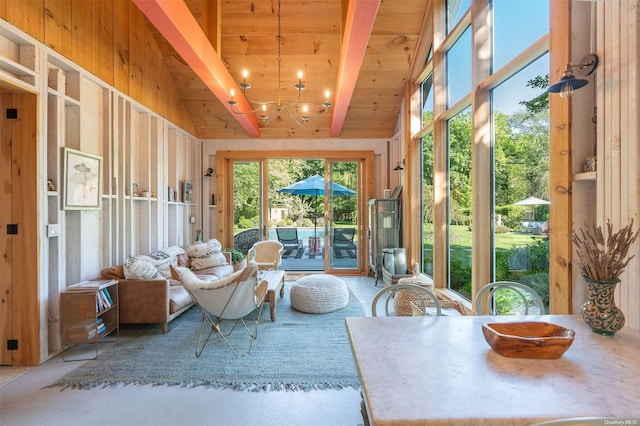 sunroom / solarium with lofted ceiling with beams, wood ceiling, and an inviting chandelier