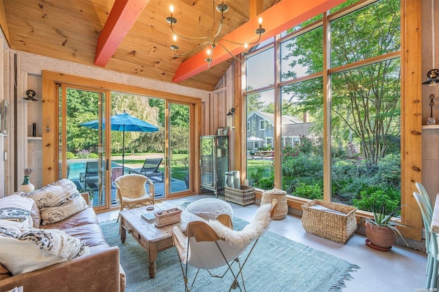 sunroom with lofted ceiling with beams and wooden ceiling