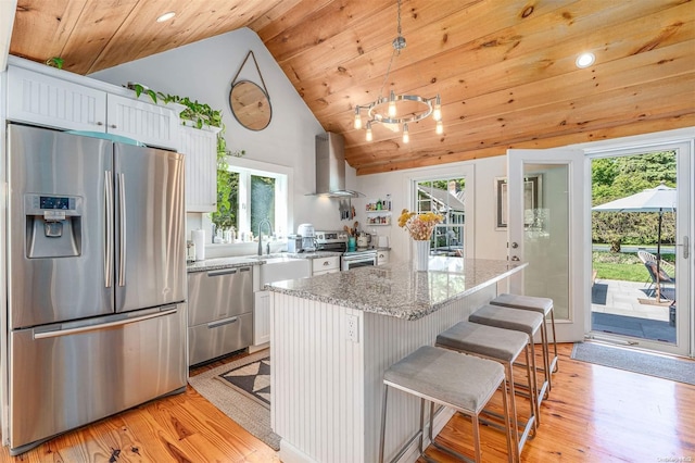 kitchen with wall chimney exhaust hood, plenty of natural light, pendant lighting, a kitchen island, and appliances with stainless steel finishes