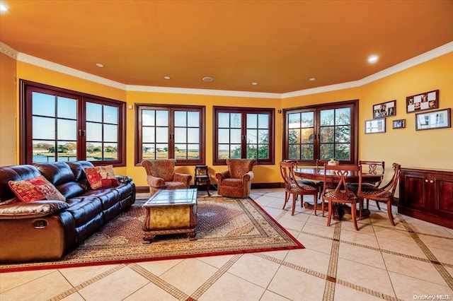 living room featuring light tile patterned floors and crown molding