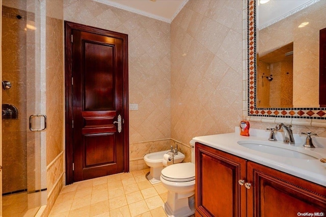 bathroom with crown molding, a bidet, vanity, a shower with shower door, and tile walls