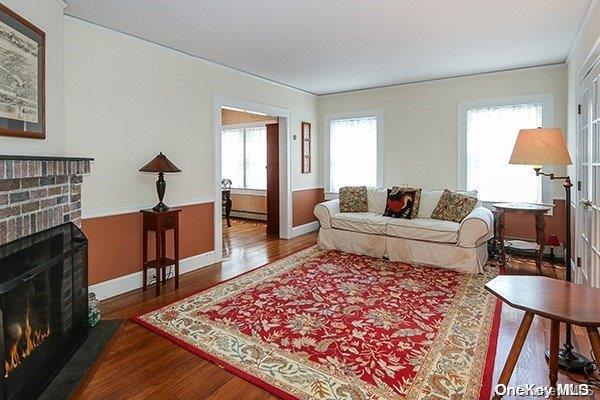 living room with a fireplace, a baseboard radiator, and hardwood / wood-style flooring