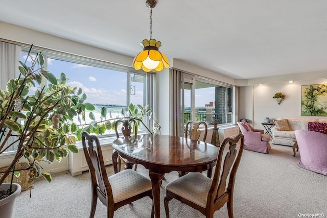 dining room featuring light carpet