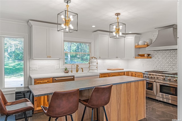 kitchen featuring white cabinets, custom exhaust hood, a kitchen island, and stainless steel appliances