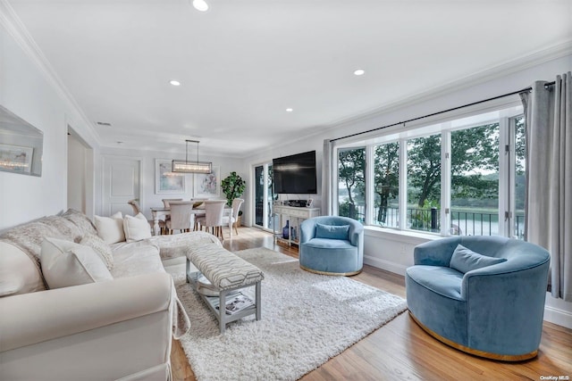 living room featuring hardwood / wood-style floors and ornamental molding