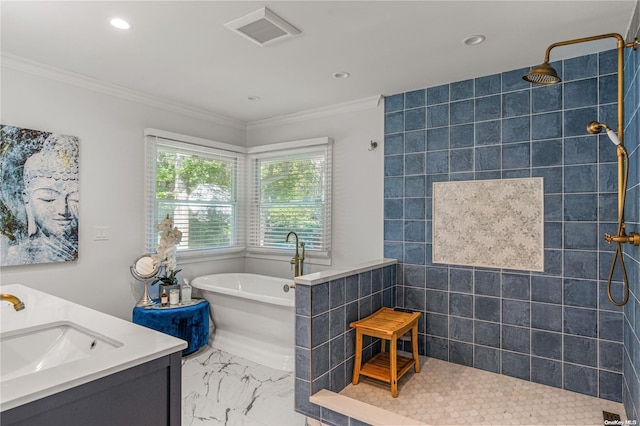 bathroom with crown molding, vanity, independent shower and bath, and tile walls