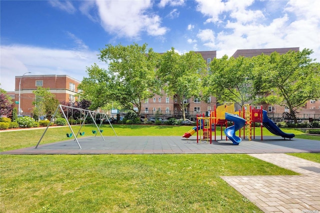 view of jungle gym featuring a yard