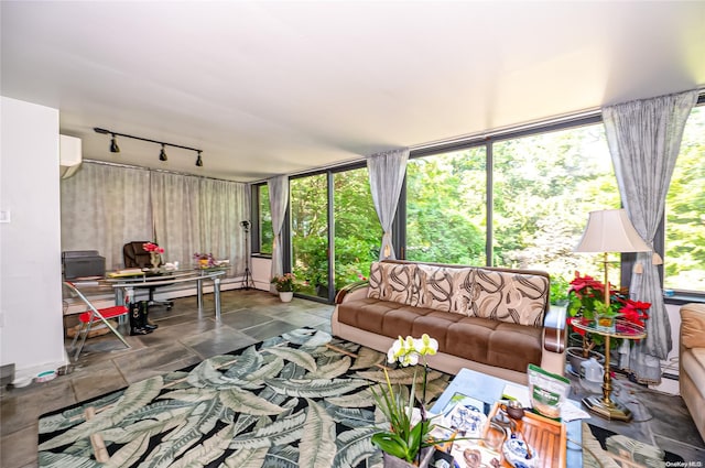 living room with a wall mounted AC, rail lighting, and plenty of natural light