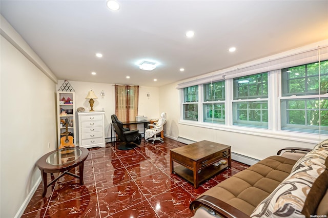 living room featuring a baseboard heating unit