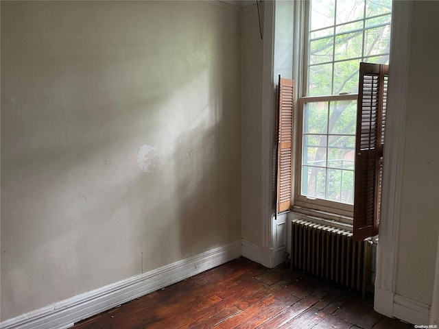 spare room with a wealth of natural light, radiator, and dark wood-type flooring