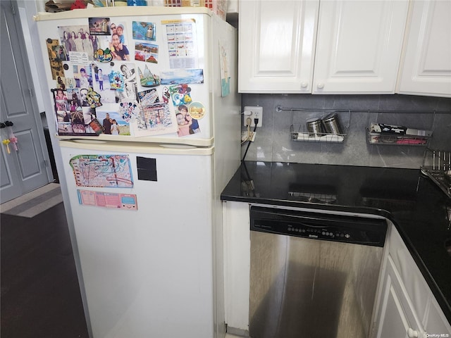 kitchen with decorative backsplash, white cabinetry, dishwasher, and white fridge