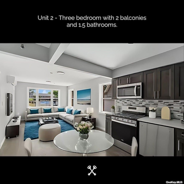 kitchen featuring beamed ceiling, dark brown cabinetry, stainless steel appliances, and tasteful backsplash