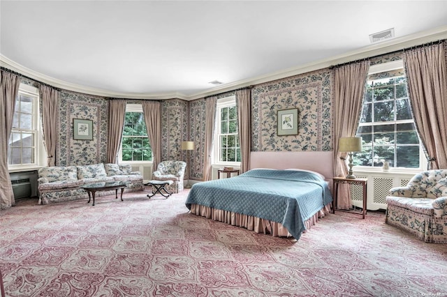 bedroom featuring radiator and ornamental molding