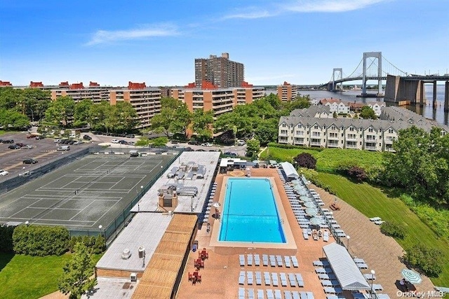 birds eye view of property featuring a water view