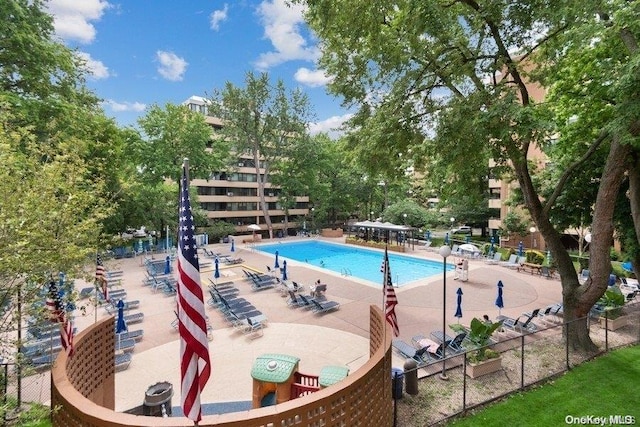 view of pool featuring a patio