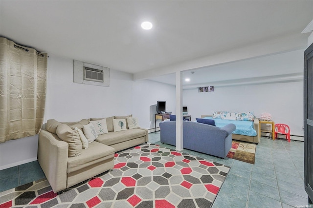 tiled living room featuring a wall unit AC and a baseboard heating unit