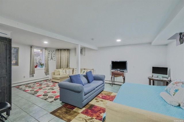 living room featuring baseboard heating and light tile patterned flooring