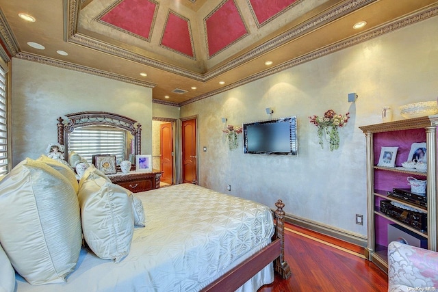 bedroom featuring dark hardwood / wood-style floors and ornamental molding