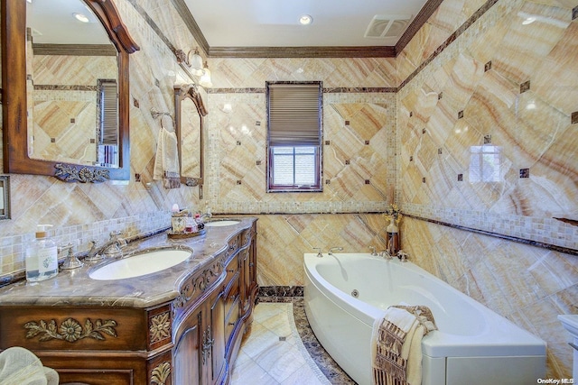 bathroom with a tub to relax in, crown molding, decorative backsplash, vanity, and tile walls