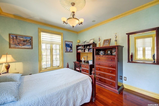 bedroom featuring multiple windows, dark hardwood / wood-style floors, and ornamental molding