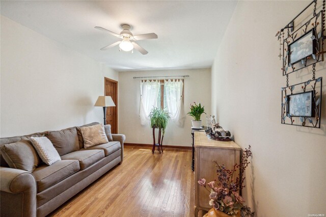 living room with ceiling fan and light hardwood / wood-style floors